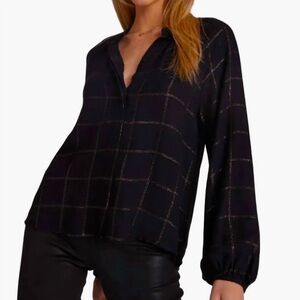 NWT Bella Dahl Women's Shirred Raglan Top in Copper‎ Shine Plaid Fall